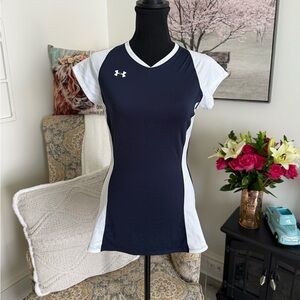 Under Armour Blue and White Fitted Cap Sleeve Jersey
